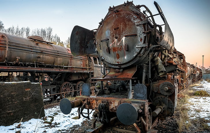 brown and black metal machine, train, wreck, vehicle, abandoned, rust, HD wallpaper
