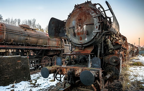 brown and black metal machine, train, wreck, vehicle, abandoned, rust, HD wallpaper HD wallpaper