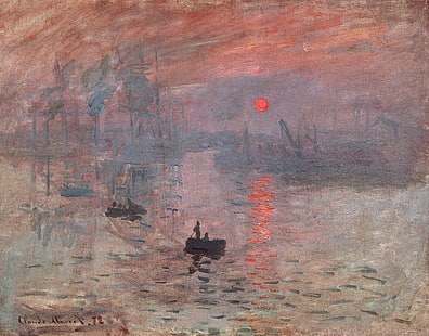 mar, barcos, barcos, impresionismo, sol rojo, sol naciente, impresión.Amanecer, Monet Oscar Claude sobre lienzo - Impresión, dejando el puerto de Le Havre, Fondo de pantalla HD HD wallpaper