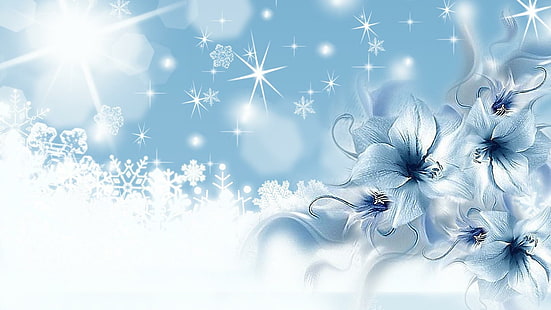 冬の青い美しさ、青い花と雪の結晶の壁紙、firefoxのペルソナ、星、雪、クリスマス、花、雪、青、冬、輝き、休日、3 dとabstr、 HDデスクトップの壁紙 HD wallpaper