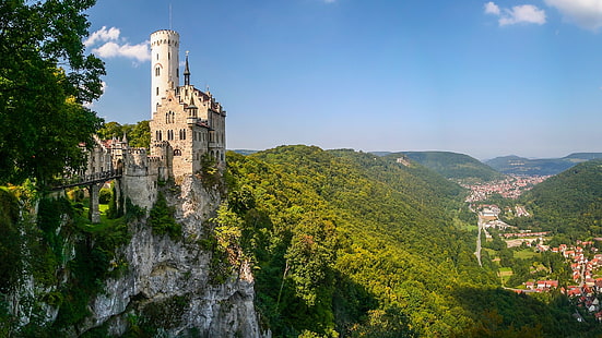 zamek z brązowego kamienia, góry, skała, zamek, Niemcy, dolina, panorama, Badenia-Wirtembergia, Zamek Lichtenstein, Wirtembergia, Tapety HD HD wallpaper