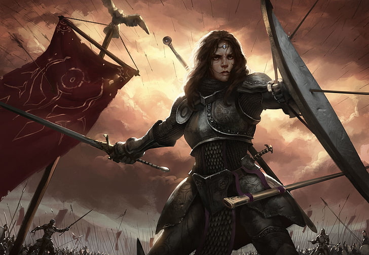 fantasy art, warrior, women, battle, arrows, sword, HD wallpaper