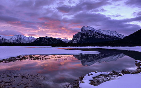 Kanada, Alberta, Banff Ulusal Parkı, dağlar, göl, gökyüzü, bulutlar, kış, Kanada, Alberta, Banff, Ulusal, Park, Dağlar, Göl, Gökyüzü, Bulutlar, Kış, HD masaüstü duvar kağıdı HD wallpaper
