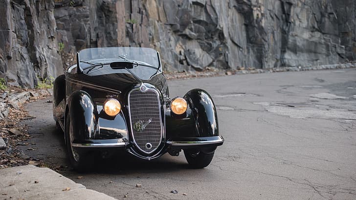 Black, Cabriolet, The Front Headlights, Classic Car, Alfa Romeo 8C, HD wallpaper