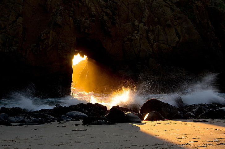 naturaleza, paisaje, mar, luz solar, roca, olas, arena, playa, sombra, larga exposición, Fondo de pantalla HD