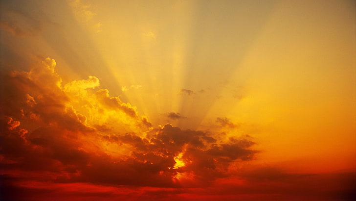 zachód słońca, promienie słoneczne, chmury, nakrapiane światło słoneczne, czerwień, Tapety HD