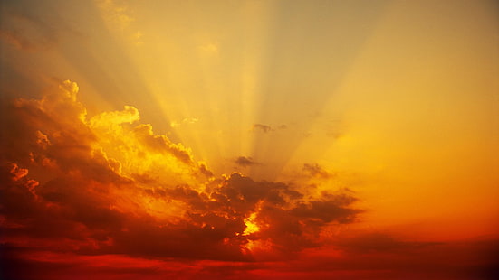 sunset, sun rays, clouds, dappled sunlight, red, HD wallpaper HD wallpaper