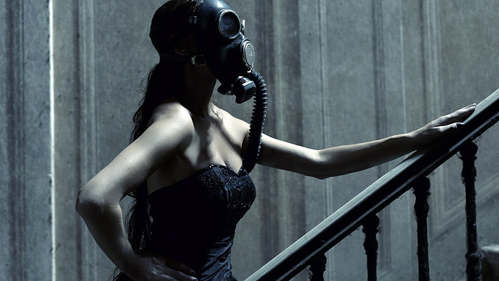 gas masks, women, bare shoulders, HD wallpaper