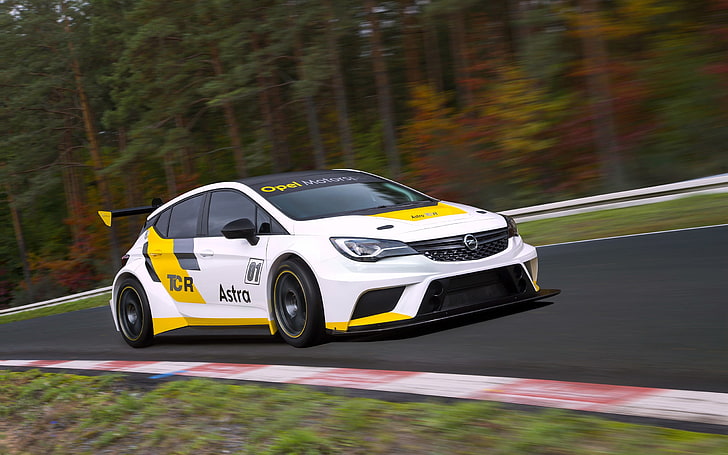 white and yellow sports car, Opel Astra TCR, car, race tracks, motion blur, HD wallpaper