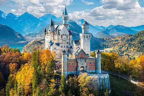  Germany, castle, sky, Neuschwanstein Castle, fall, trees, landscape, mountains, clouds, building, HD wallpaper HD wallpaper