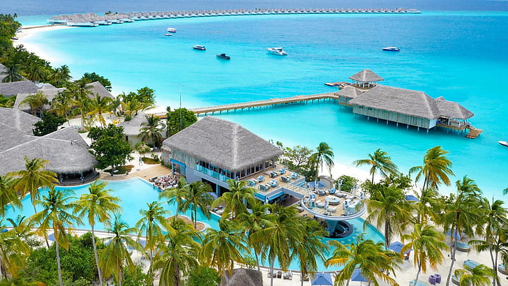 Resort Finolhu Baa Atolü Maldivler Adası Endonezya Drone'dan Görünüm 2560 × 1440, HD masaüstü duvar kağıdı