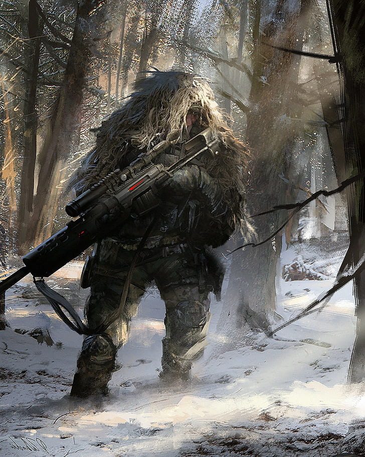 artwork darek zabrocki sniper rifle winter, HD wallpaper | Wallpaperbetter