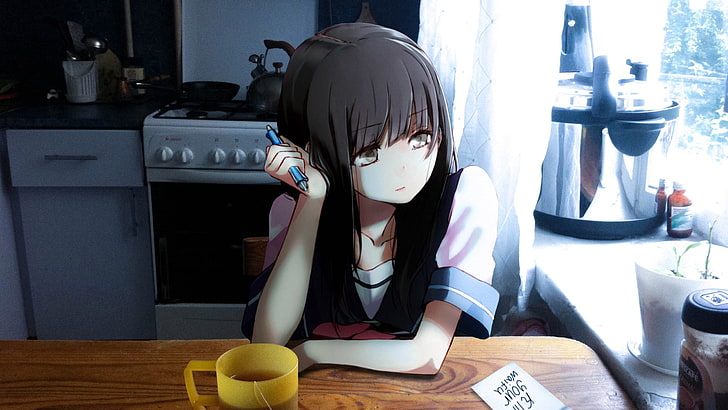 wallpaper karakter anime wanita berambut hitam, gadis anime, dapur, Wallpaper HD
