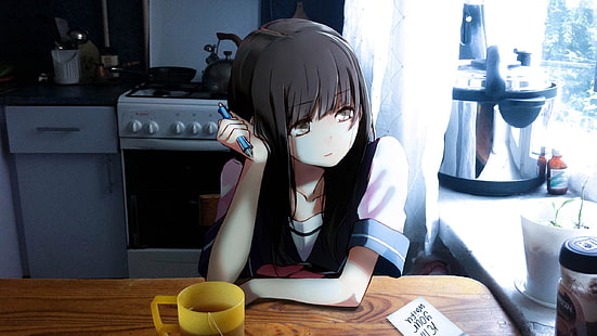 black-haired female anime character wallpaper, anime girls, kitchen, HD wallpaper HD wallpaper