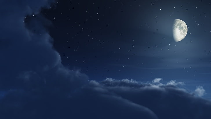 نصف القمر التوضيح ، القمر ، الليل ، الغيوم ، النجوم ، الأزرق، خلفية HD
