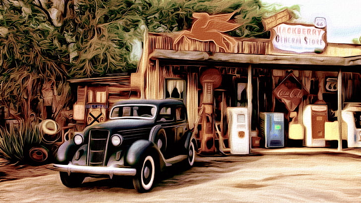 bensinstation, klassisk bil, veteranbil, antik bil, konstnärlig, konstverk, duk, målning, retro, vintage, HD tapet