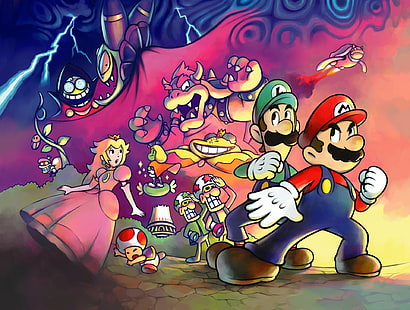 Mario, Mario & Luigi: Superstar Saga, Bowser, Luigi, Princess Peach, Toad (Mario), HD wallpaper HD wallpaper