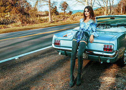 women's teal V-neck long-sleeved top and black bottoms, woman wearing teal and white trumpet-sleeved blouse, Morena Rosa, car, women, brunette, fall, high heels, suede stockings, HD wallpaper HD wallpaper
