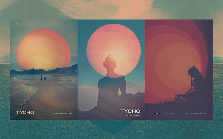 Cartel de Tycho, Tycho, ilustraciones, Scott Hansen, diseño gráfico, sol, colorido, ISO50, roygbiv, naranja, rosa, azul, púrpura, cian, gris, rojo, violeta, collage, arte digital, Fondo de pantalla HD