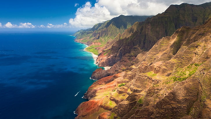 montagne sulla riva, paesaggio, Na Pali Coast, costa, mare, Hawaii, Sfondo HD