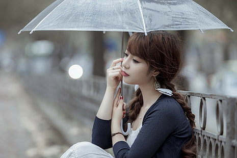 miejski, kobiety, siedzący, Azjatka, parasol, modelka, kobiety na zewnątrz, Tapety HD HD wallpaper