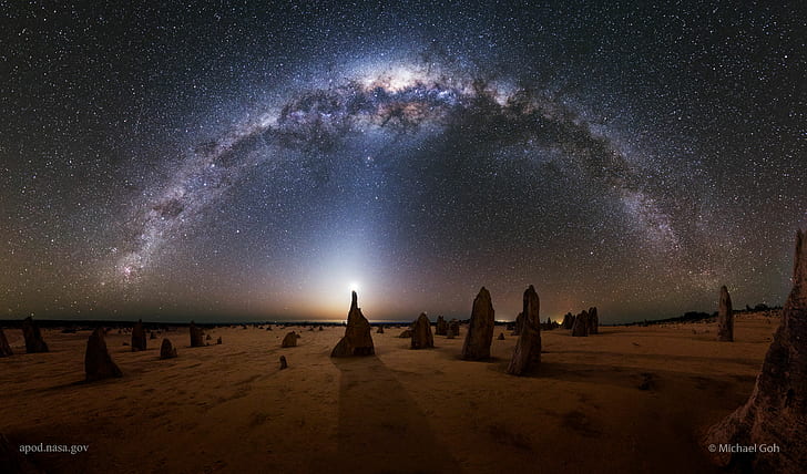przyroda, krajobraz, Droga Mleczna, noc, gwiazdy, gwiaździsta noc, Michael Goh, Australia, światło księżyca, cień, skała, pustynia, piasek, Tapety HD