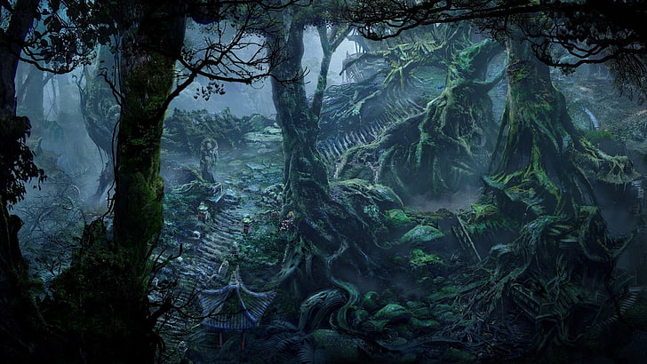 illustration av gröna träd, fankonst, fantasikonst, skog, HD tapet