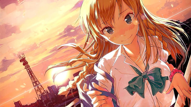anime, gadis anime, pirang, rambut panjang, mata biru, tersenyum, langit, awan, Kousaka Umi, Wallpaper HD