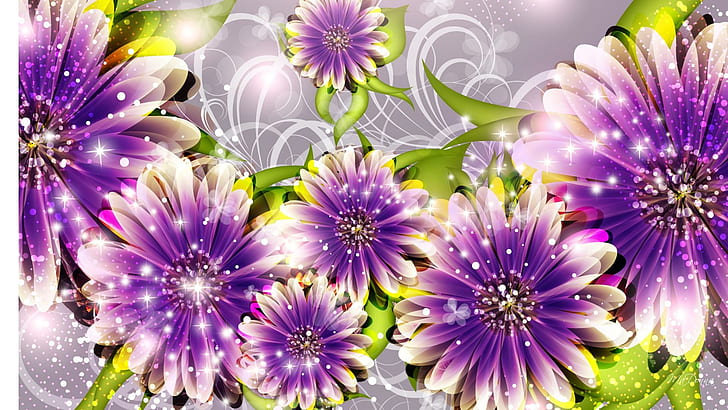 I Love Purple, sprinkles, swirls embellishment, stars, lavender, green, fleurs, flowers, daisies, abstact, spring, HD wallpaper