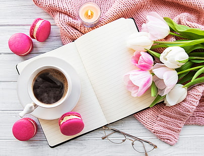  colorful, tulips, pink, coffee cup, macaroons, macaron, a Cup of coffee, macaroon, HD wallpaper HD wallpaper