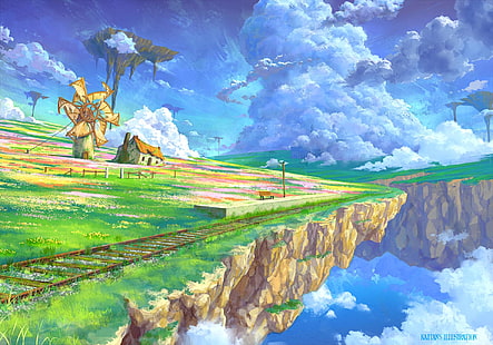 railway on edge of floating island illustration, train station, mill, house, floating island, HD wallpaper HD wallpaper