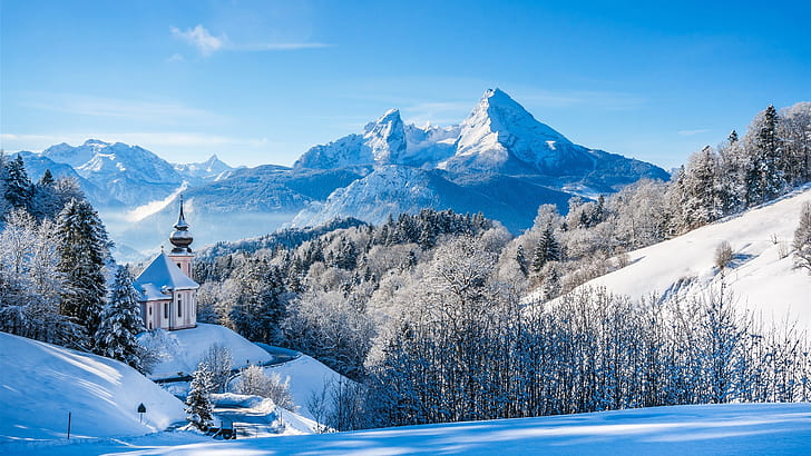 Niemcy, Bawaria, Alpy, zima, śnieg, góry, drzewa, dom, Niemcy, Bawaria, Alpy, zima, śnieg, góry, drzewa, dom, Tapety HD
