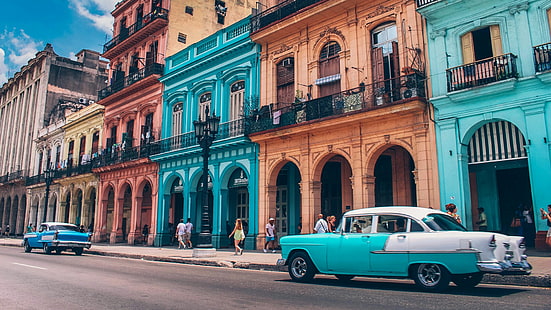 سيارة ، معلم ، مركبة ، سيارة ، بلدة ، شارع ، منطقة حضرية ، مدينة ، كوبا ، كلاسيكي ، هافانا ، عتيق ، وسط المدينة، خلفية HD HD wallpaper