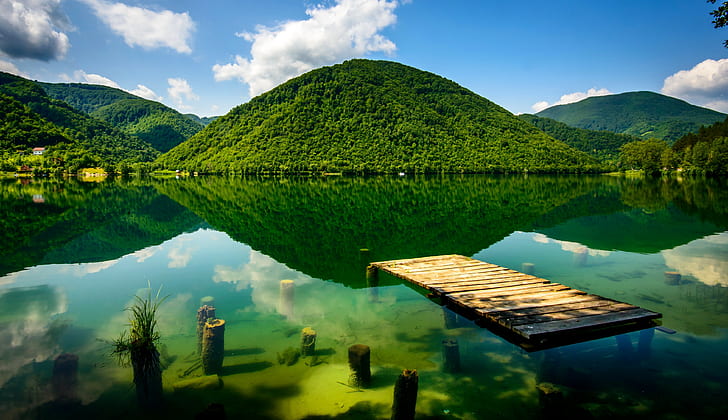 Bosnia and Herzegovina, mountains, green mountain, bottom, pier, river, greenery, mountains, Bosnia and Herzegovina, HD wallpaper