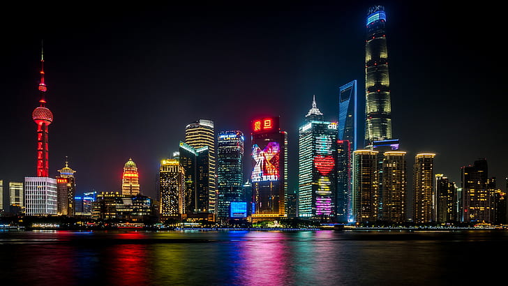 都市、上海、ビル、中国、都市、色、光、夜、高層ビル、 HDデスクトップの壁紙