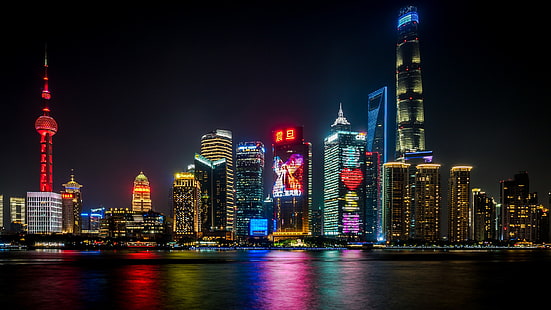 Şehirler, Shanghai, Bina, Çin, Şehir, Renkler, Işık, Gece, HD masaüstü duvar kağıdı HD wallpaper