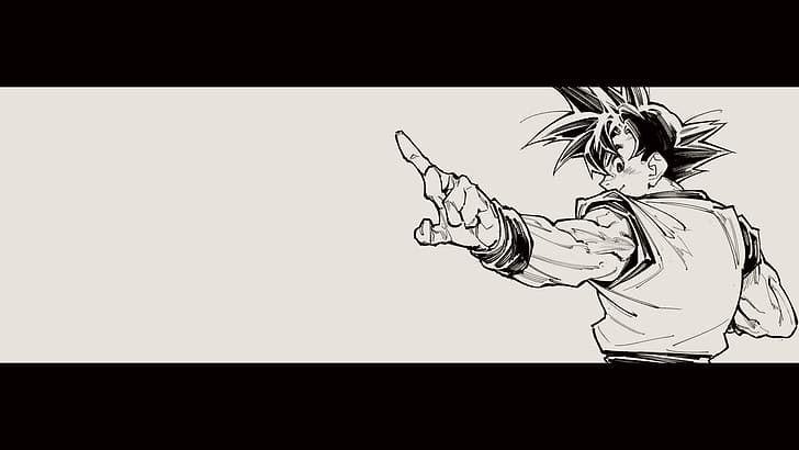 Dragon Ball, Son Goku, Saiyajin, Dragon Ball Z, Stachelhaar, Armbinde, muskulös, Rückblick, Blick auf den Betrachter, Fingerzeig, Monochrom, Anime-Jungen, Anime, HD-Hintergrundbild
