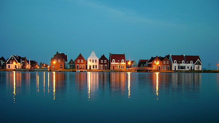 przyroda, krajobraz, dom, Holandia, światła, woda, Tapety HD