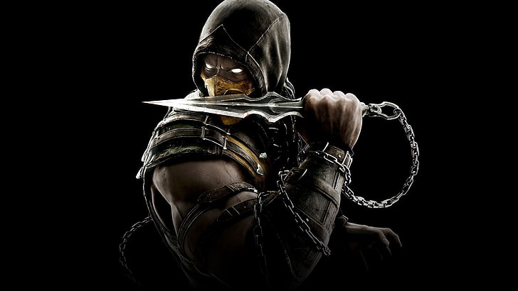 Mortal Kombat, Mortal Kombat X, Scorpion (personaje), Fondo simple, videojuegos, Fondo de pantalla HD
