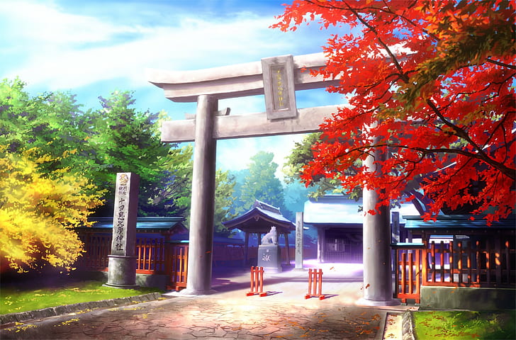 grigio torii gate illustrazione, anime, paesaggio, Sfondo HD