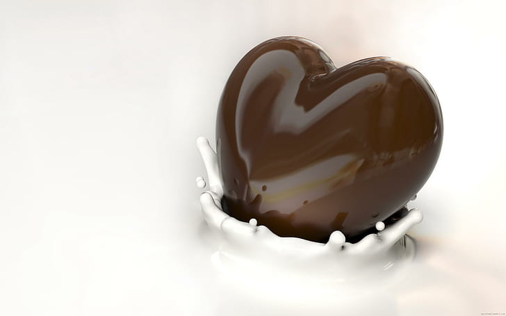 Шоколадово сърце в млякото, сърдечен шоколад, любов, шоколад, сърце, мляко, бяло, HD тапет