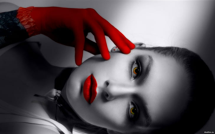 face, women, selective coloring, red lipstick, gloves, looking at viewer, HD wallpaper