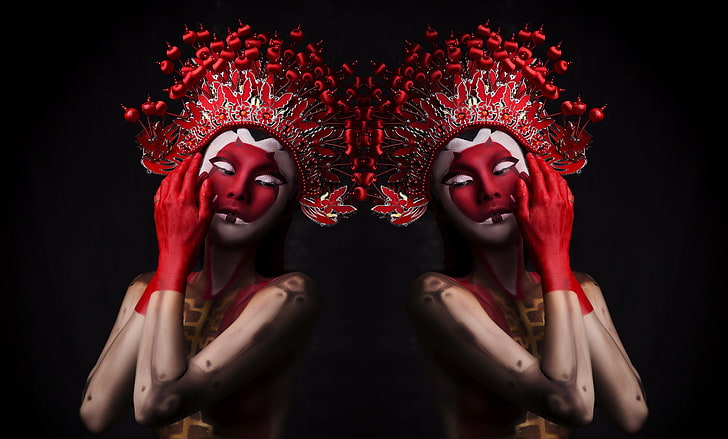 dark, red, women, body paint, mask, HD wallpaper
