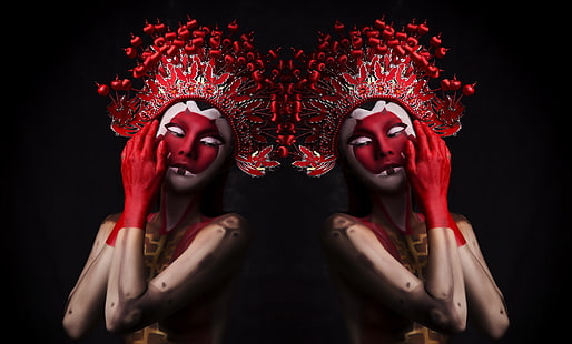 dark, red, women, body paint, mask, HD wallpaper HD wallpaper