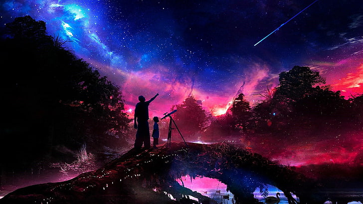 ruang, bintang jatuh, bintang, langit malam, malam berbintang, seni fantasi, amati, alam, langit, atmosfer, berbintang, fenomena, kegelapan, bintang, malam, langit berbintang, Wallpaper HD