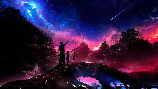 ruang, bintang jatuh, bintang, langit malam, malam berbintang, seni fantasi, amati, alam, langit, atmosfer, berbintang, fenomena, kegelapan, bintang, malam, langit berbintang, Wallpaper HD HD wallpaper