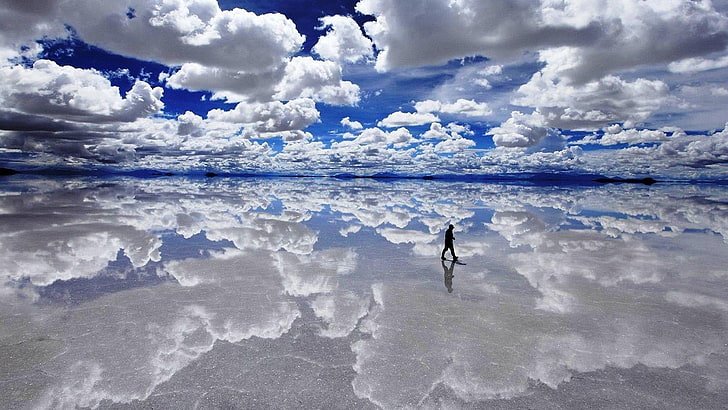 bolivia, salar de uyuni, uyuni, mirror, clouds, cloud, cloudy, salt flat, reflections, reflection, reflected, nature, HD wallpaper