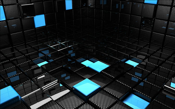 azul, bloques 3D, negro, arte digital, render, abstracto, 3D, CGI, Fondo de pantalla HD