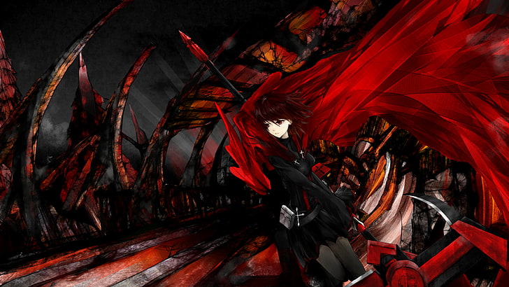 weibliche Anime Charakter Tapete, RWBY, Ruby Rose (Charakter), rot, schwarz, Hahn Zähne, Anime Mädchen, Anime, HD-Hintergrundbild