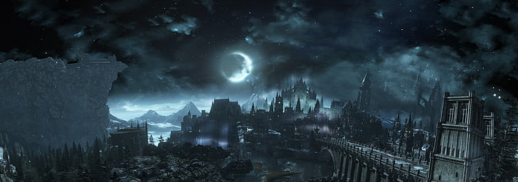 clouds, Dark Souls, Dark Souls III, Irithyll, Moon, night, sky, video games, HD wallpaper